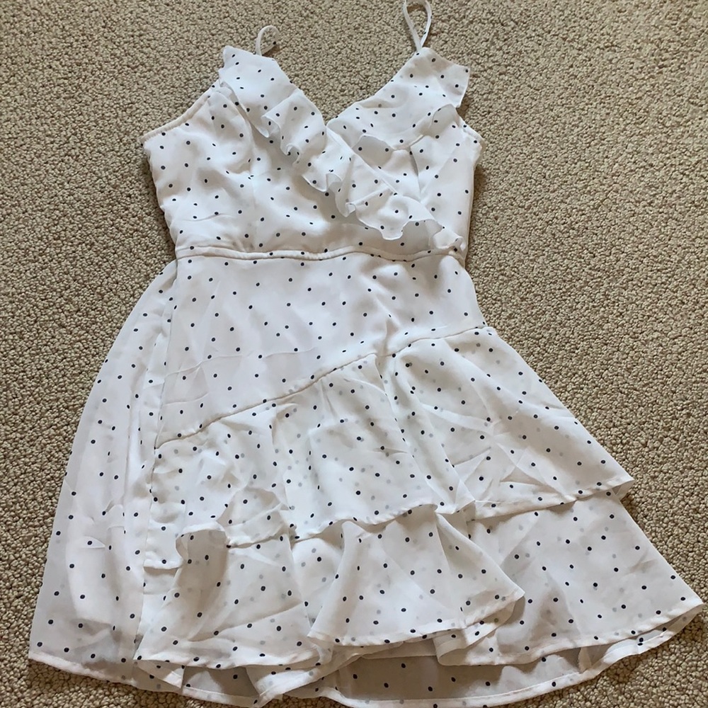 White-navy polka dot sundress.